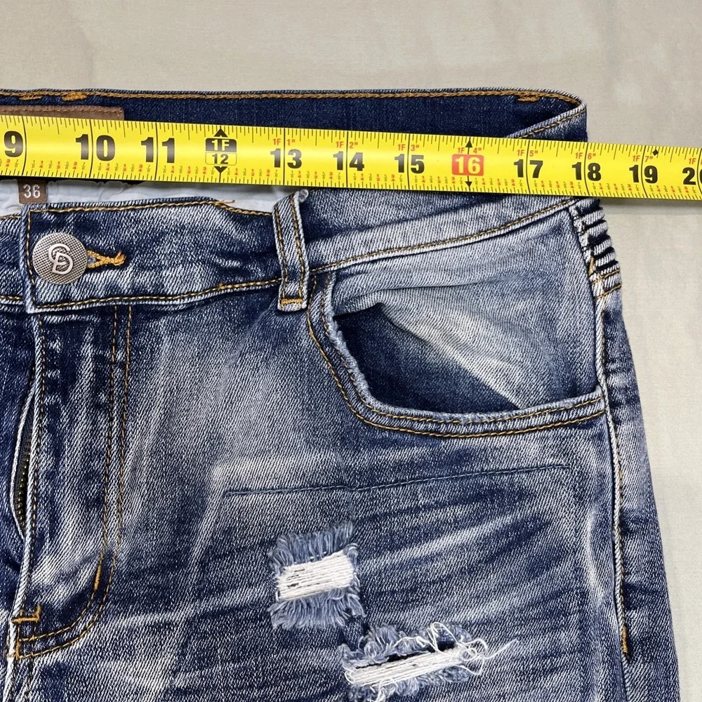 Crysp Denim Mens Mid-Rise Distressed Moto Biker Skinny Stretch‎ Jeans 36x32